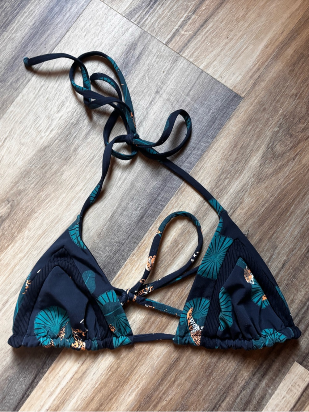 Triangle Bikini Top in Black with Teal Floral Jaguar Accents - Women Swim